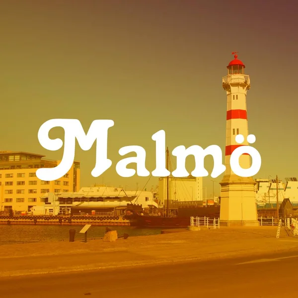 瑞典Malmo 城市名现代照片明信片 旅游目的地文字卡片 — 图库照片