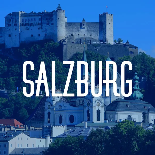 Σάλτσμπουργκ Αυστρία Πόλη Όνομα Σύγχρονη Κάρτα Φωτογραφία Ταξιδιωτικός Προορισμός Κείμενο — Φωτογραφία Αρχείου