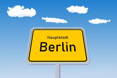 Berlin şehir tabelası Almanya 'da. Şehir sınırı yol tabelası. Hauptstadt Almanca 'da başkent demek..