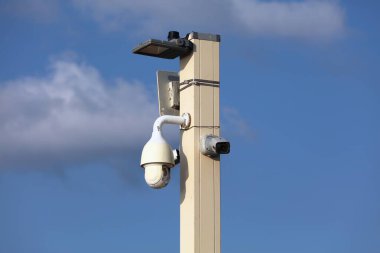 Security cameras in Haifa city, Israel. CCTV equipment. Security surveillance technology.