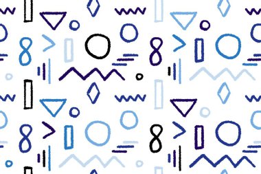 Soyut, pürüzsüz desen. Mavi karalama fırçası şekilli vektör dokusu. Üçgenler, daireler ve zikzaklar - moda fırça darbesi tasarımı.