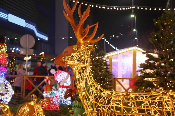 Luci Natale Renne Mercatino Natale Katowice Polonia — Foto Stock