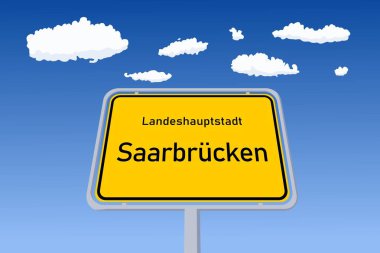 Almanya 'da Saarbrucken şehir tabelası. Şehir sınırı yol tabelası. Landeshauptstadt, Almanca 'da devlet başkenti demek..
