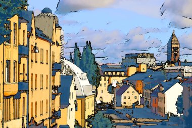 Çizgi roman tarzı Norrkoping (İsveç) kasaba çizimi.
