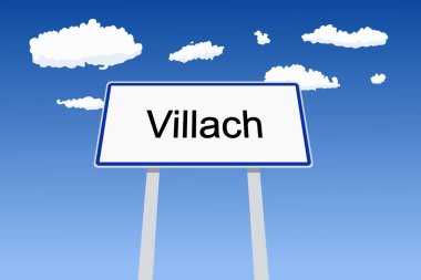 Avusturya 'daki Villach City tabelası. Şehir adı Hoşgeldin Yol İşareti vektör çizimi.