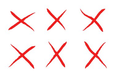 Grunge kırmızı X işareti koleksiyonu. Çapraz X sembolü çizim seti. Bir şeyi iptal etmek, reddetmek ve reddetmek için çapraz tasarım ögesi.