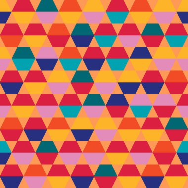 Kusursuz bir moda modeli. Altıgen ve üçgen klasik arka plan. Kusursuz vektör kumaş deseni. Renkli kırmızı ve pembe grafikler.