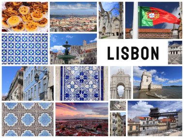 Lizbon Şehri kartpostalı- seyahat yeri fotoğraf kolajı.