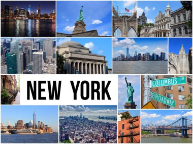 New York Şehri seyahat kolajı. NY işaretli fotoğraf kartpostalı.