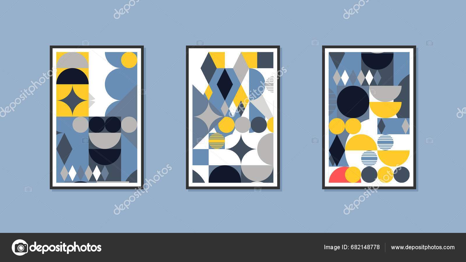 三幅简约的几何画摘要本世纪中叶的现代艺术海报以墙为框架图库矢量图©tupungato 682148778, image size:1600x900