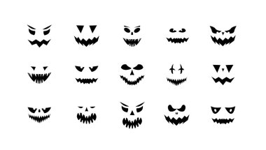 Cadılar Bayramı yüz ikonu seti. Korkunç canavar suratı, Cadılar Bayramı 'nda izole edilmiş. Balkabağı kabağı yüzleri.