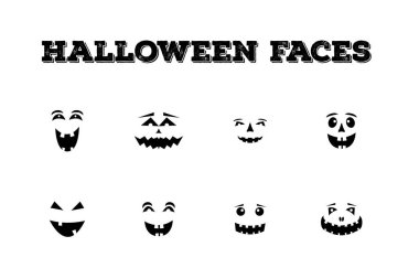 Halloween face set. Funny happy spooky monster face isolated Halloween clipart. Pumpkin lantern faces. clipart