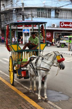 MANILA, PHILIPPINES - 25 Kasım 2017: Sürücü Intramuros, Filipinler 'deki at arabasında bekliyor. At turları Manila 'da popüler bir turistik merkezdir..