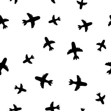 Airplane seamless pattern. Cute plane surface pattern for fashion print. Vector texture. Black and white.