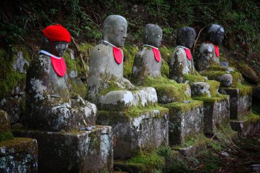 Japonya Anıtı - Kanmangafuchi Boğazı 'nın Nikko Ormanı' ndaki Narabi Jizo heykelleri.