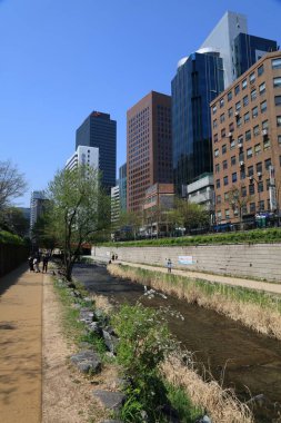 SEOUL, Güney Kore - 9 Nisan 2023: İnsanlar Cheonggyecheon Nehri 'ni ziyaret ediyor..