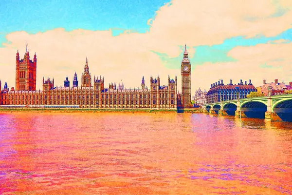 伦敦英国 大本钟的观点 表现主义或前卫色彩丰富的数字绘画插图 — 图库照片