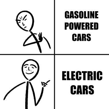 Benzin elektrikli arabalara karşı mim. Sosyal medya paylaşımı için komik bir mim.