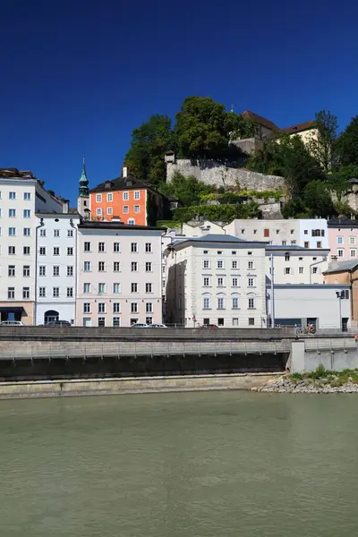 Salzburg Austria City View Giselakai Riverfront Kapuzinerberg Hill — Stock Photo, Image