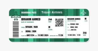 Doha 'ya bilet, Katar. Genel verilerle birlikte giriş kartı şablonu. QR kodlu seyahat bileti vektör çizelgesi.