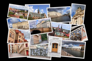 Göteborg şehrinin fotoğraf yığını. Göteborg, İsveç 'ten tarihi eser fotoğraf kolajı.