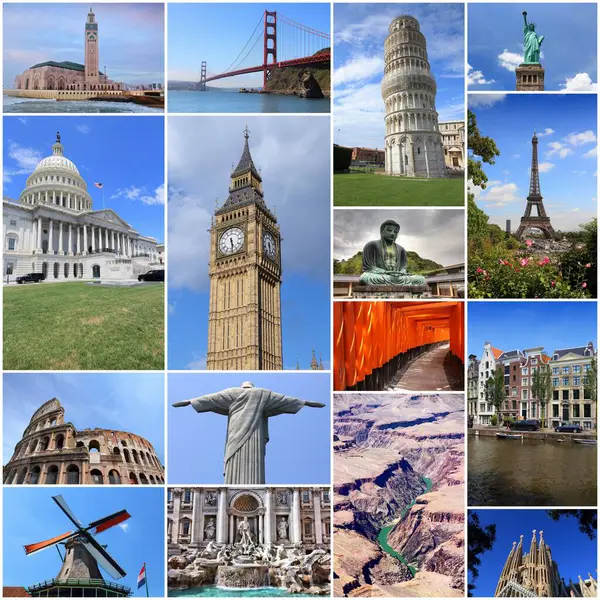 Reiseziele Collage Weltreise Fotos Reise Die Welt Fotopostkarte — Stockfoto