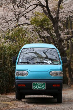 BUSAN, Güney Kore - 30 Mart 2023: Daewoo Damas Kei minibüsü Busan yakınlarındaki doğa bölgesine park edildi. Daewoo Damas, Suzuki Carry Kei kamyon platformu üzerine kurulu..