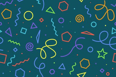 Geometrik karalamalar kusursuz desen. 1990 'ların eğlence tarzı renkli moda baskı tasarımı. Dinamik akıllı funky vektör dokusu.