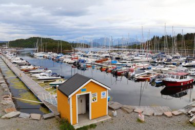 ALESUND, NORway - 27 Temmuz 2020: Alesund şehrinde Norvevika yat limanı ve marinası. Alesund, Norveç 'in batısındaki More og Romsdal ilçesinin en büyük şehridir..