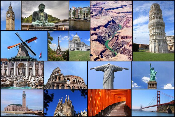 Travel destinations collage. World travel photos. Travel around the world photo postcard.
