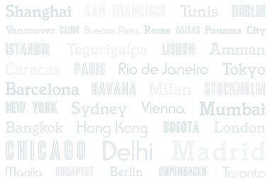 Dünya şehir isimleri tasarımı. Seyahat yeri paspas, masa örtüsü ya da yatak örtüsü için gri konsept.