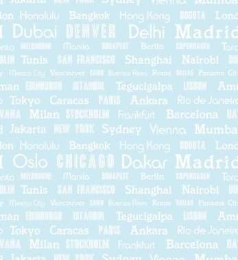 Kusursuz moda şehri isimleri. Mavi beyaz seyahat varış yeri moda tasarımı.