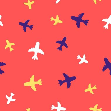 Kusursuz desenli uçak. Yolcu uçağı ya da oyuncak uçak rotası. Kırmızı üzerine altın, beyaz ve mavi.