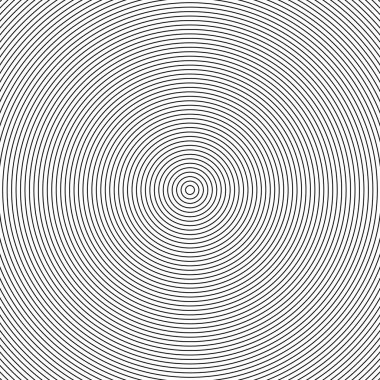 Eşmerkezli daireler çizgisi şablonu. Sosyal medya içeriği arka planı ya da poster tasarımı için dinamik hipnotik halka deseni. Beyaz arkaplanda siyah.