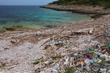 Hırvatistan 'daki Zirje adası. Hırvatistan 'da plaj çöplüğü ve plastik atık.