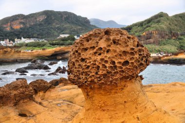 Tayvan manzarası. Taipei yakınlarındaki Yehliu Geopark 'ta tuhaf kaya oluşumları..