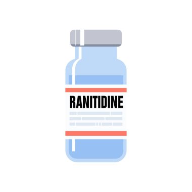 Ranitidine generic drug name. Medicine used to decrease stomach acid production. Used to treat peptic ulcer disease and gastroesophageal reflux disease. Medicine vial illustration. clipart