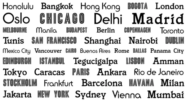 Travel Background Graphic Design City Name Words Black White Typography — Stock Vector