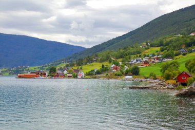 Norveç Fiord manzarası. Vestland 'ın Luster belediyesinde Lustrafjorden Fiord..