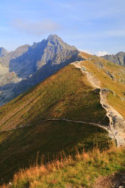 Polonya 'daki Tatry Dağları. Swinica dağına giden kırmızı patika.