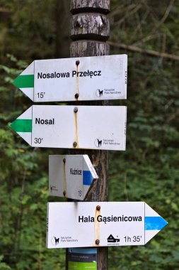 TATRA MOUNTAINS, POLAND - SEPTEMBER 9, 2023: Hiking trail directions on a sign in Tatrzanski Park Narodowy (Tatra National Park) in Poland. clipart