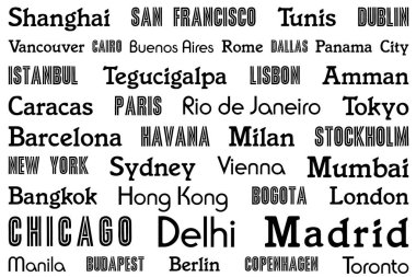 Dünya şehir isimleri tasarımı. Paspas, masa örtüsü ya da çarşaf için gidilecek yer kavramı.