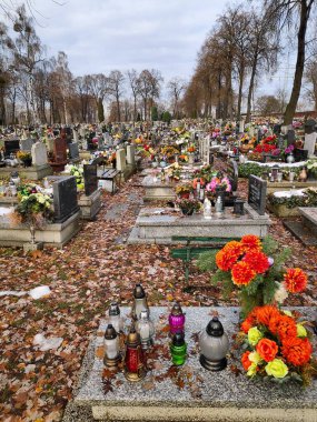 SIEMIANOWICE SLASKIE, POLAND - 12 ARALIK 2023: Siemianowice Slaskie, Polonya 'daki bir mezarlıkta mezar süsleri.