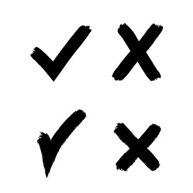 İşaretle ve X çapraz çizilmiş sembol kümesini işaretle. Doğru ve yanlış cevap için Grunge tasarım ögeleri.