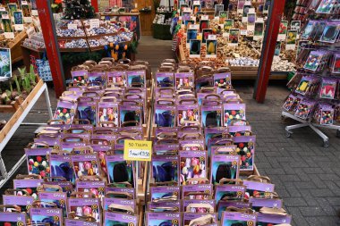 AMSTERDAM, NETHERLANDS - 8 Temmuz 2017: Amsterdam, Hollanda 'da çiçek pazarı (Bloemenmarkt). Bloemenmarkt, Singel Kanalı 'nda yüzen ünlü çiçek pazarıdır..