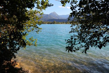 Avusturya Alpleri 'ndeki Wolfgangsee dağ gölü yaz manzarası. Salzkammergut bölgesinde Avusturya manzarası.