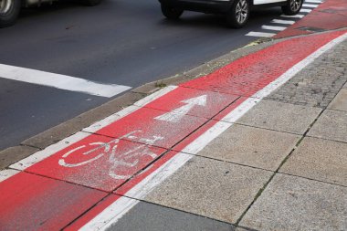 Bicycle path in Linz, Austria. Cycling transportation city infrastructure.