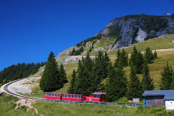 stock image Schafberg mountain in Salzkammergut region of Austria. Schafberg rack railway (cog railway) line.
