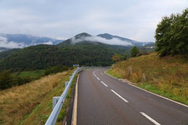 İspanyol Pirenesi 'ndeki Ordesa vadisine giden yol. Sonbahar Ordesa y Monte Perdido Ulusal Parkı, İspanya.