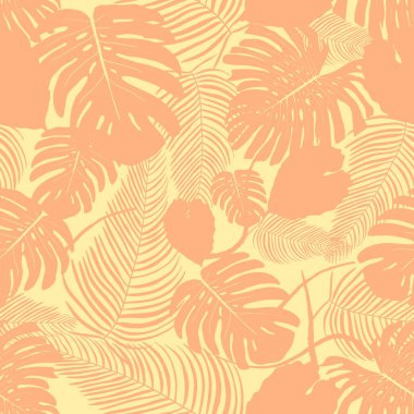 Egzotik bitki örtüsü vektör arka planı. Kusursuz tropikal yaprak yağmur ormanları deseni. Turuncu ve sarı renkli vektör orman deseni.